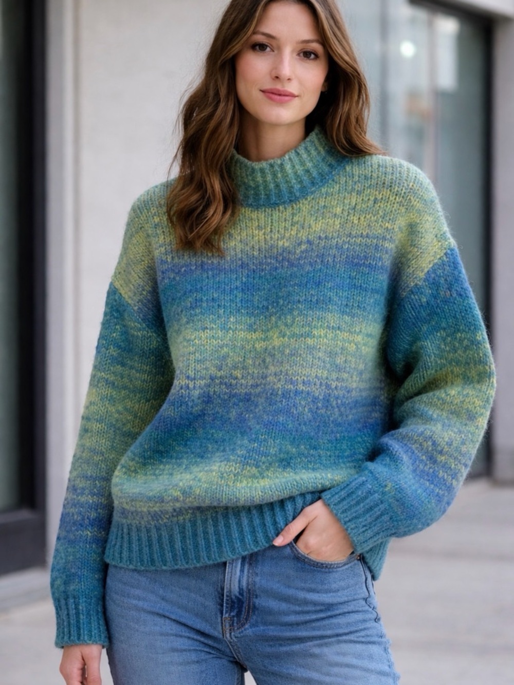 Women’s Blue-Green Knit Sweater - Classic Crew